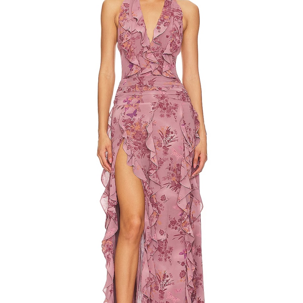 NBD Pink Asymmetrical Ruffled Maxi Gown Revolve